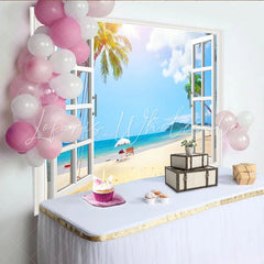 Lofaris Sunny Tropical Window View Beach Photography Backdrop Scenic Blue Ocean and Palm Trees Background for Photoshoot