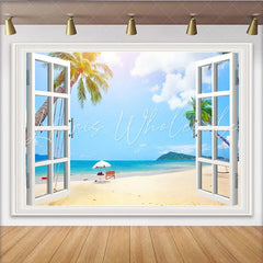 Lofaris Sunny Tropical Window View Beach Photography Backdrop Scenic Blue Ocean and Palm Trees Background for Photoshoot