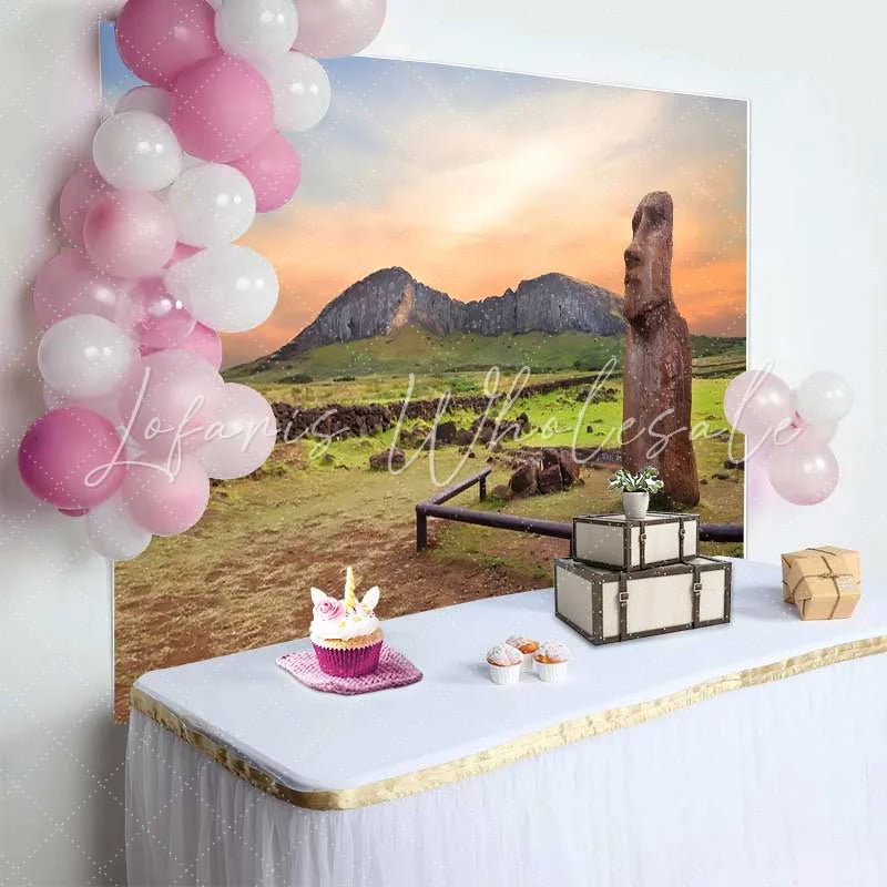 Lofaris Sunset Easter Island Moai Statue Mountain Backdrop Ancient Historic Ruins Landscape Photography Background