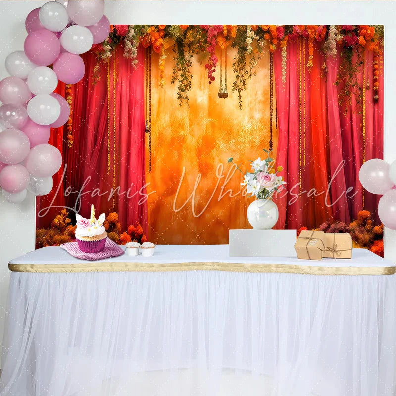 Lofaris Sunset Floral Stage Backdrop Warm Orange Textured Wall and Hanging Garden Vines Party Banner