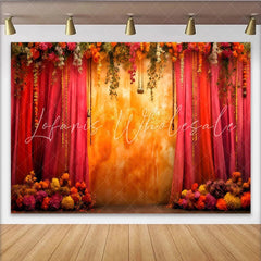 Lofaris Sunset Floral Stage Backdrop Warm Orange Textured Wall and Hanging Garden Vines Party Banner