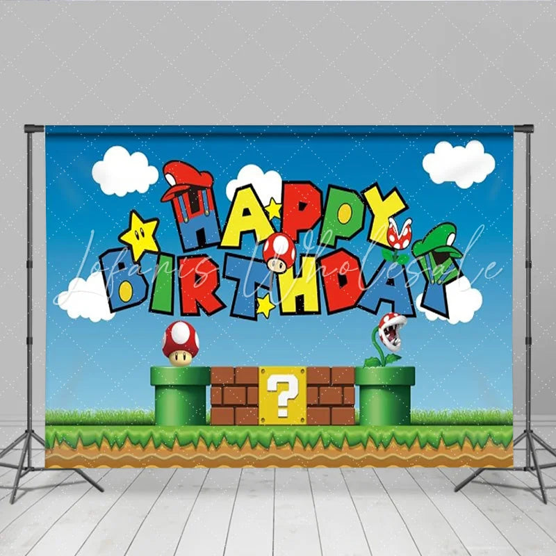 Lofaris Super Mario Bros Inspired Happy Birthday Backdrop Classic Video Game Pixel World Arcade Party Decor for Boys