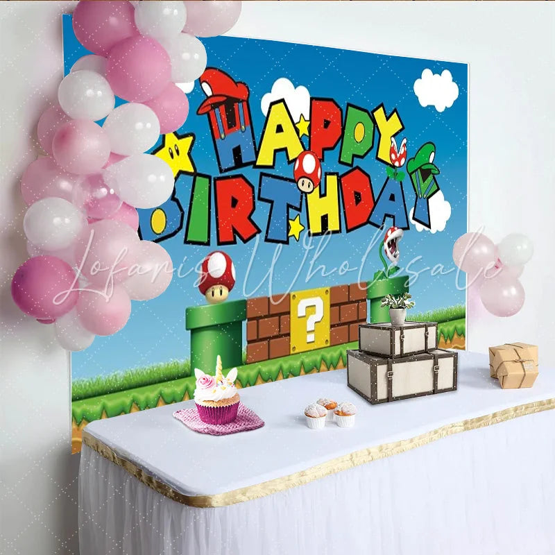 Lofaris Super Mario Bros Inspired Happy Birthday Backdrop Classic Video Game Pixel World Arcade Party Decor for Boys