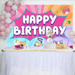 Lofaris Superhero Cat Birthday Backdrop Comic Pop Art Kitten Party Decoration Pink Blue Burst Happy Birthday Banner Photo Background
