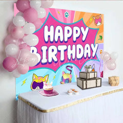 Lofaris Superhero Cat Birthday Backdrop Comic Pop Art Kitten Party Decoration Pink Blue Burst Happy Birthday Banner Photo Background