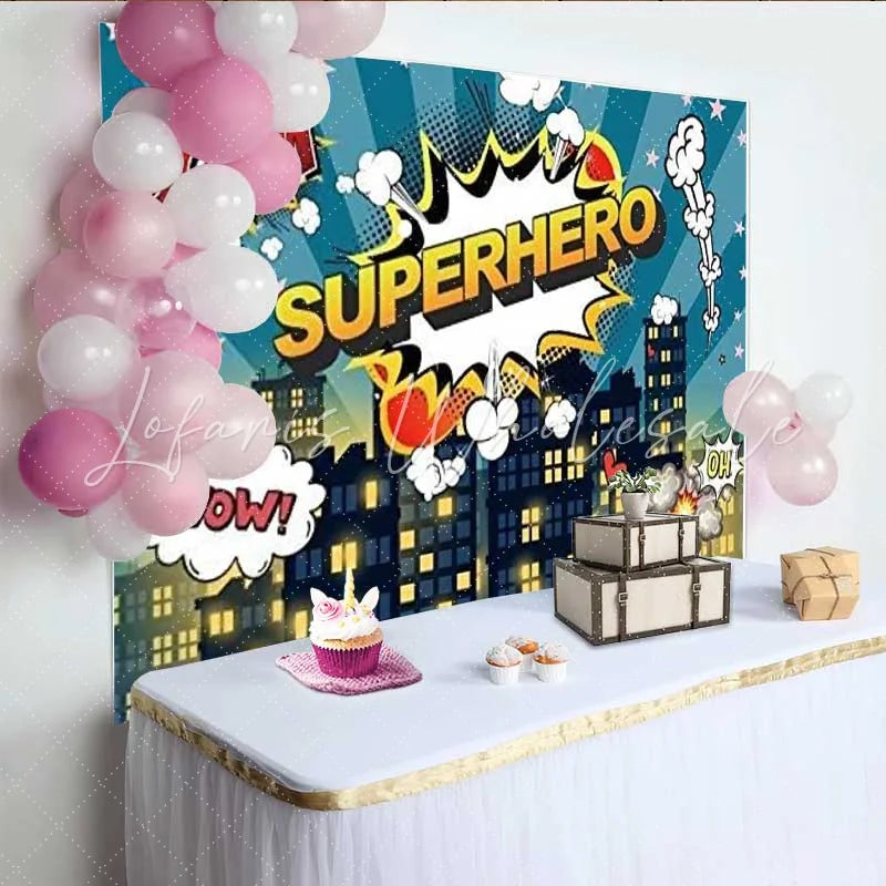 Lofaris Superhero Comic City Birthday Backdrop Pop Art Skyline Boom Pow Party Decoration Night Building Happy Birthday Banner Photo