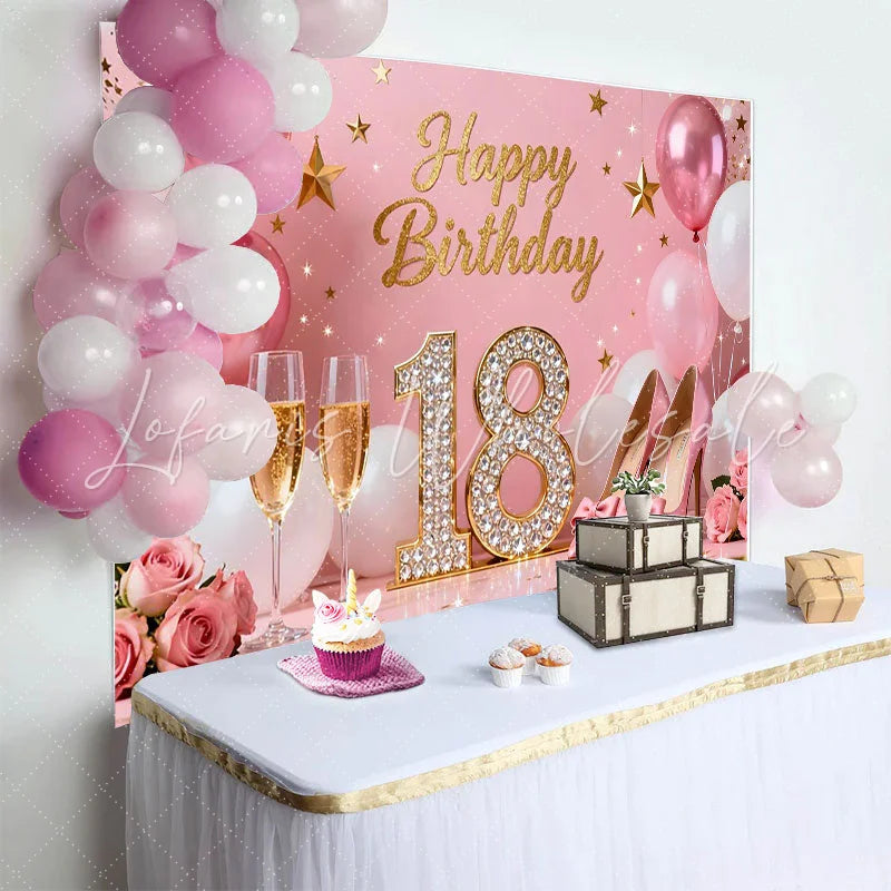 Lofaris Sweet 18th Happy Birthday Backdrop Pink High Heels and Champagne Background Diamond 18 Years Party Decor