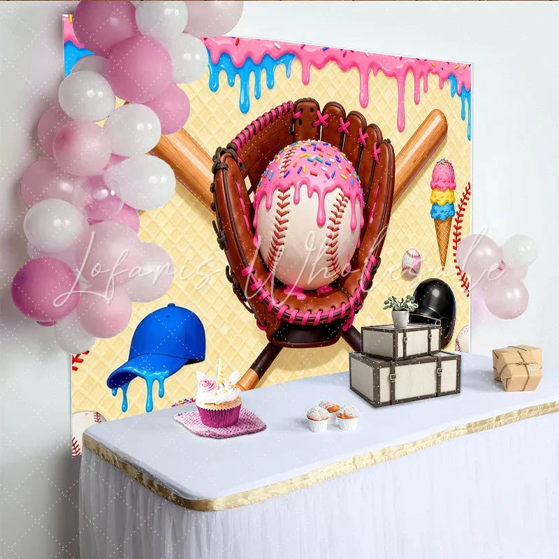 Lofaris Sweet Baseball Birthday Backdrop with Pink Frosting and Sprinkles Fun Sports Theme Photography Background for Party