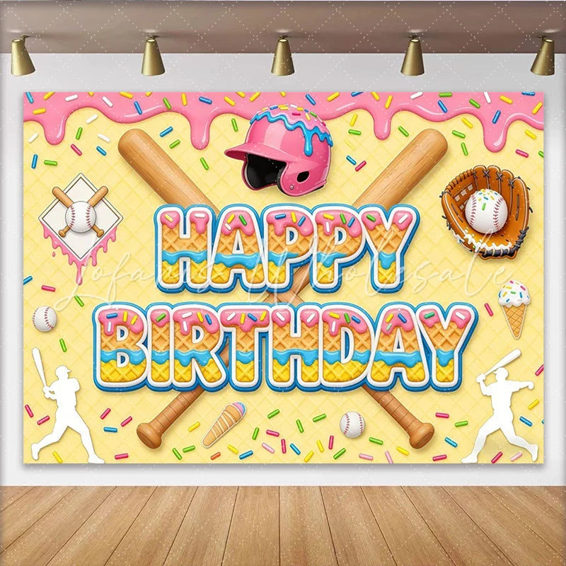 Lofaris Sweet Baseball Birthday Backdrop with Pink Helmet and Bats Colorful Sprinkles Photo Background for Boys’ Sports Theme Party