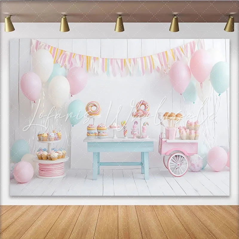 Lofaris Sweet Candy Birthday Backdrop with Pastel Balloons and Dessert Table White Wood Photography Background for Party Decor