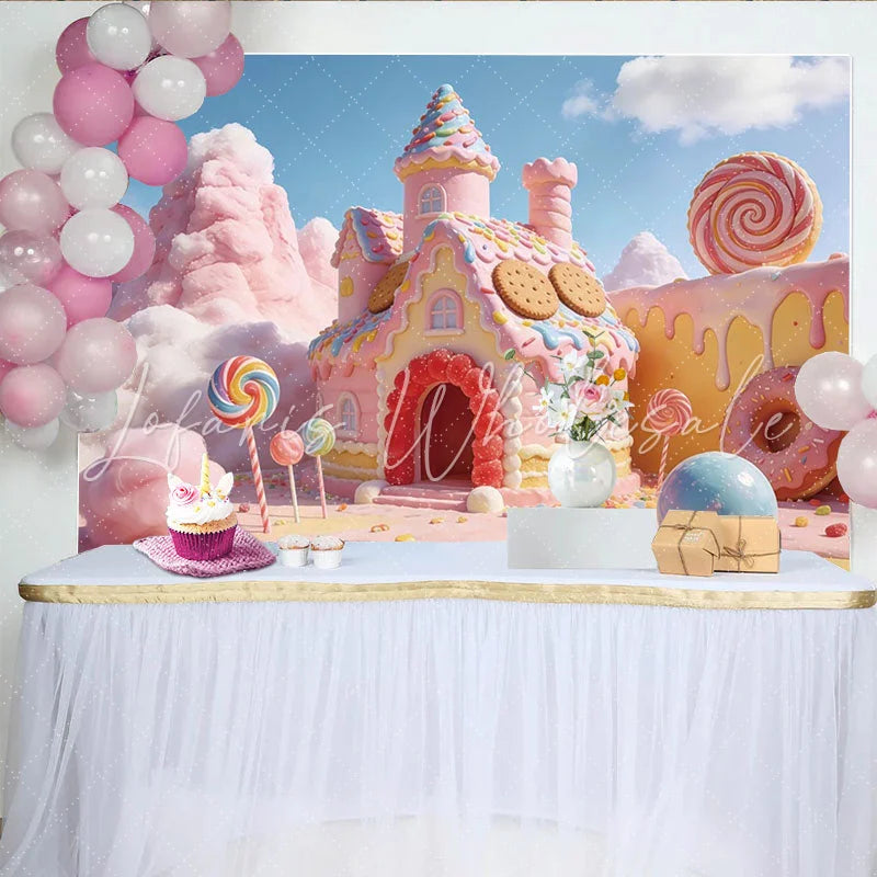 Lofaris Sweet Candy Land Photography Backdrop featuring a Pink Gingerbread House and Lollipops Whimsical Studio Background for Kids
