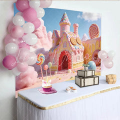 Lofaris Sweet Candy Land Photography Backdrop featuring a Pink Gingerbread House and Lollipops Whimsical Studio Background for Kids