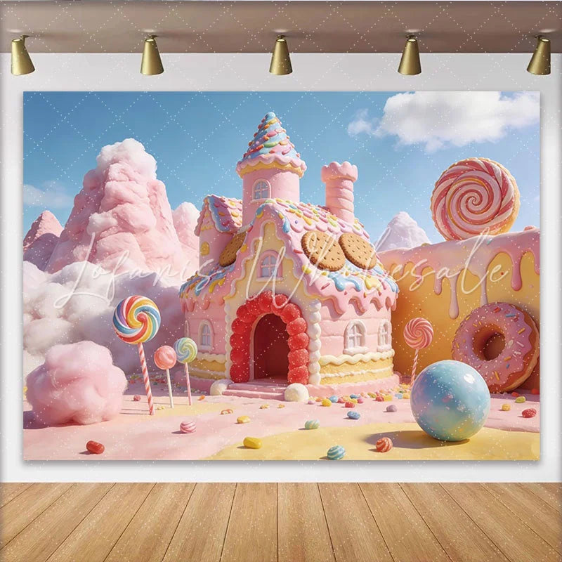 Lofaris Sweet Candy Land Photography Backdrop featuring a Pink Gingerbread House and Lollipops Whimsical Studio Background for Kids
