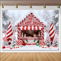 Lofaris Sweet Candy Shop Christmas Backdrop with Snow and Candy Canes Festive Winter Wonderland Background for Holiday Party Decor