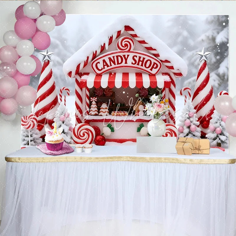 Lofaris Sweet Candy Shop Christmas Backdrop with Snow and Candy Canes Festive Winter Wonderland Background for Holiday Party Decor