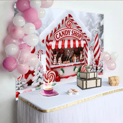 Lofaris Sweet Candy Shop Christmas Backdrop with Snow and Candy Canes Festive Winter Wonderland Background for Holiday Party Decor