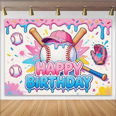 Lofaris Sweet Cartoon Baseball Birthday Backdrop with Pink Blue Drips and Sprinkles Vibrant Sports Background for Kids Party Decor