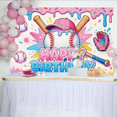 Lofaris Sweet Cartoon Baseball Birthday Backdrop with Pink Blue Drips and Sprinkles Vibrant Sports Background for Kids Party Decor