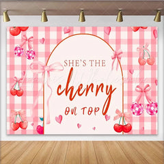 Lofaris Sweet Cherry Birthday Backdrop Pink Gingham Checkered Bow Fruit Party Decoration She is the Cherry on Top Background
