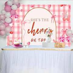 Lofaris Sweet Cherry Birthday Backdrop Pink Gingham Checkered Bow Fruit Party Decoration She is the Cherry on Top Background
