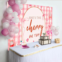 Lofaris Sweet Cherry Birthday Backdrop Pink Gingham Checkered Bow Fruit Party Decoration She is the Cherry on Top Background