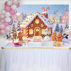 Lofaris Sweet Gingerbread House Christmas Backdrop with Candy and Snow Winter Wonderland Background for Holiday Party Decoration
