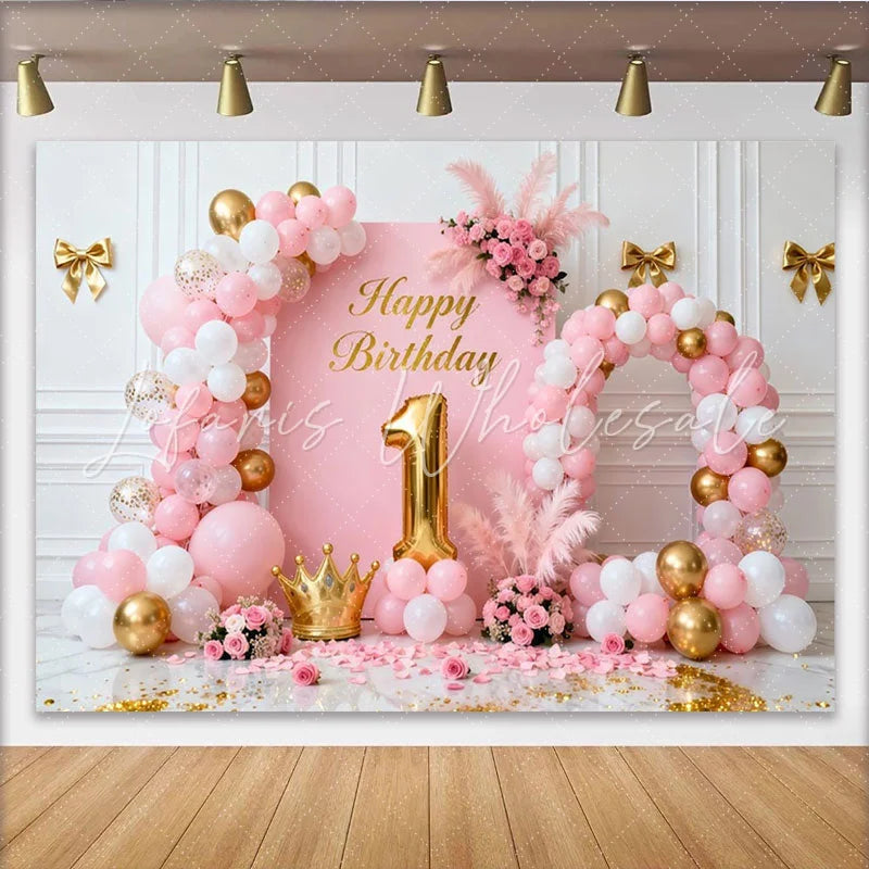 Lofaris Sweet Pink and Gold Happy 1st Birthday Party Backdrop with Balloons Crown and Flowers for Baby Girl