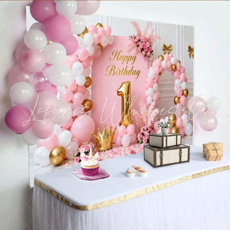 Lofaris Sweet Pink and Gold Happy 1st Birthday Party Backdrop with Balloons Crown and Flowers for Baby Girl
