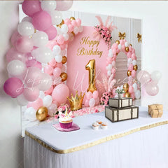 Lofaris Sweet Pink and Gold Happy 1st Birthday Party Backdrop with Balloons Crown and Flowers for Baby Girl