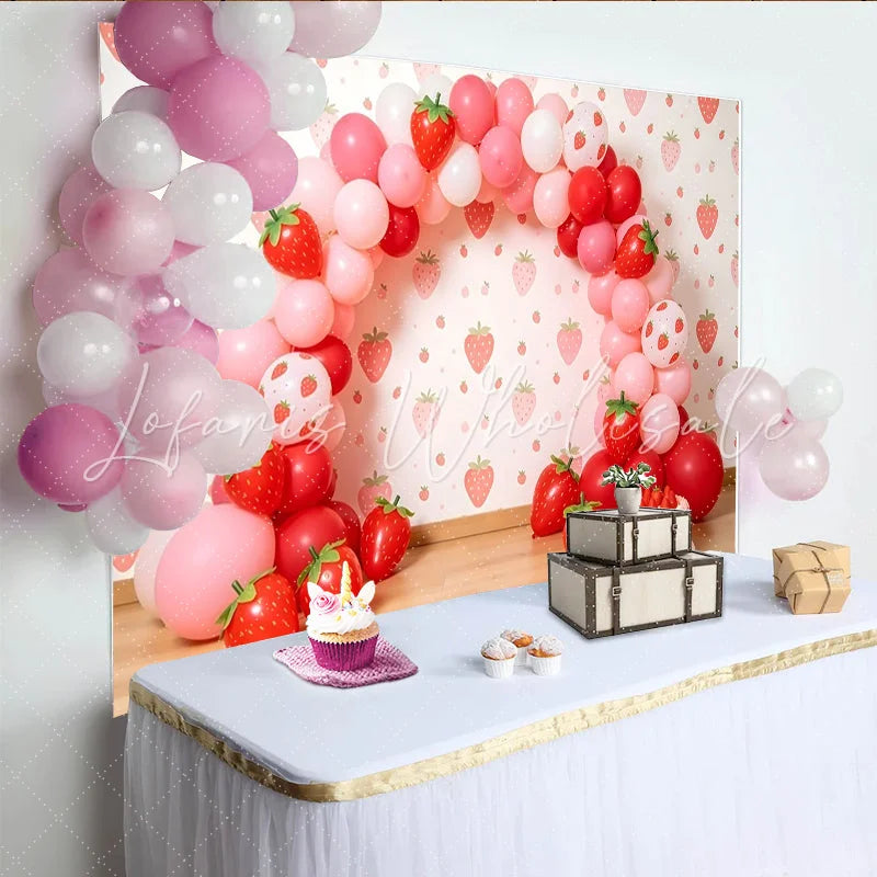 Lofaris Sweet Pink and Red Strawberry Birthday Backdrop with Balloons Cute Party Decor for Girl’s Cake Smash Photography