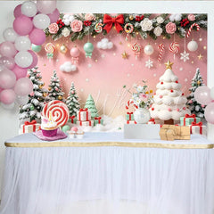 Lofaris Sweet Pink Christmas Backdrop with Snow Trees and Candy Gifts Festive Holiday Background for Winter Party Photoshoot