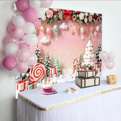 Lofaris Sweet Pink Christmas Backdrop with Snow Trees and Candy Gifts Festive Holiday Background for Winter Party Photoshoot