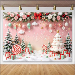 Lofaris Sweet Pink Christmas Backdrop with Snow Trees and Candy Gifts Festive Holiday Background for Winter Party Photoshoot