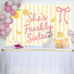 Lofaris Sweet Sixteen Lemon Birthday Backdrop with Yellow Stripes and Pink Bow Freshly Sixteen Party Background for Girls Photoshoot