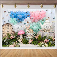 Lofaris Tea Party Rabbit and Vintage Clock Easter Backdrop Pastel Balloon Butterfly Spring Photography Background