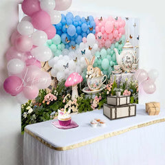 Lofaris Tea Party Rabbit and Vintage Clock Easter Backdrop Pastel Balloon Butterfly Spring Photography Background