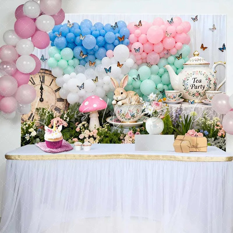 Lofaris Tea Party Rabbit and Vintage Clock Easter Backdrop Pastel Balloon Butterfly Spring Photography Background