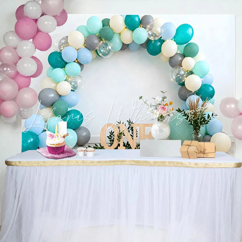 Lofaris Teal and Blue Balloon Birthday Cake Smash Backdrop Wooden ONE Sign and Greenery Boho Background