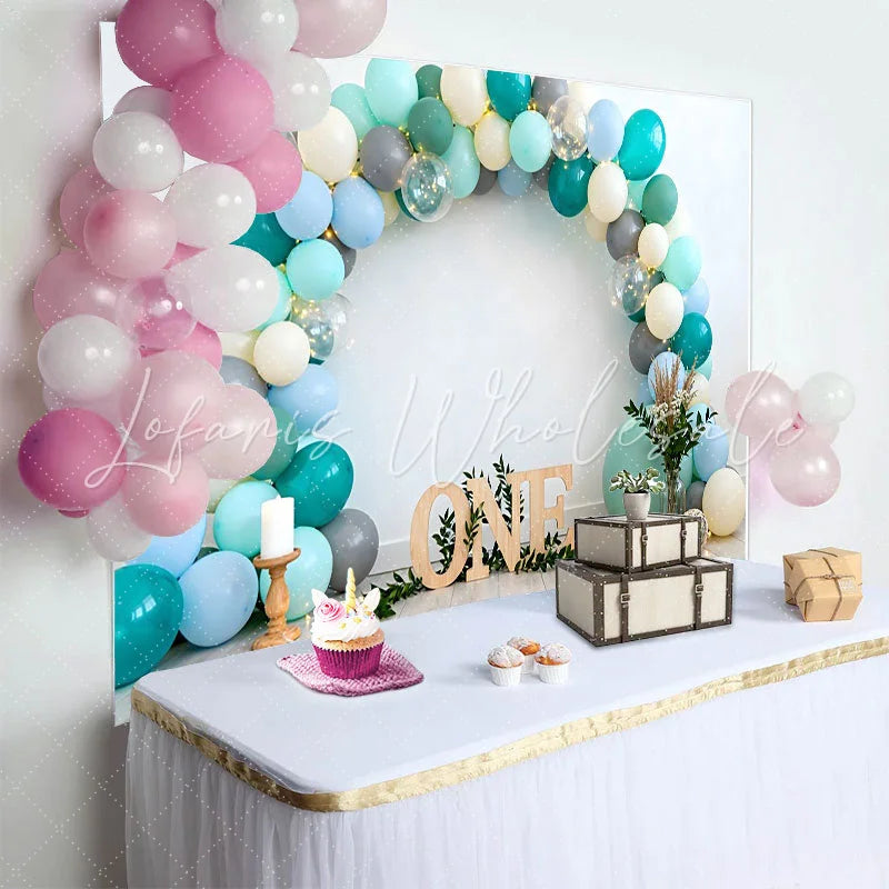Lofaris Teal and Blue Balloon Birthday Cake Smash Backdrop Wooden ONE Sign and Greenery Boho Background