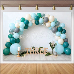 Lofaris Teal and Blue Balloon Birthday Cake Smash Backdrop Wooden THREE Sign and Greenery Boho Background