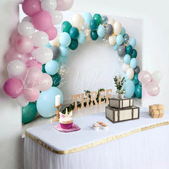 Lofaris Teal and Blue Balloon Birthday Cake Smash Backdrop Wooden THREE Sign and Greenery Boho Background