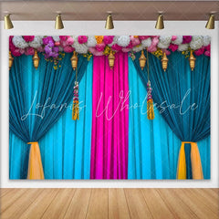Lofaris Teal and Pink Stage Backdrop Flower Header and Golden Lanterns Indian Wedding Style Banner