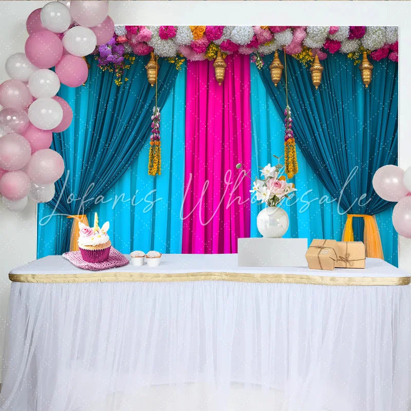 Lofaris Teal and Pink Stage Backdrop Flower Header and Golden Lanterns Indian Wedding Style Banner