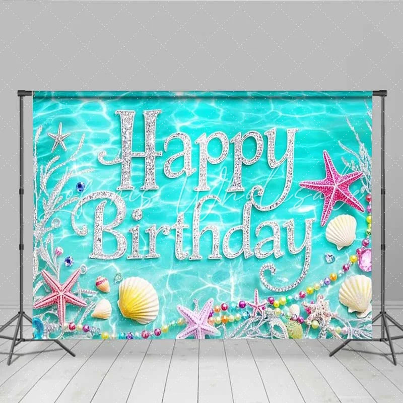 Lofaris Teal Blue Ocean Happy Birthday Backdrop Silver Glitter Starfish Pearls Photography Background Mermaid Theme Party Decoration