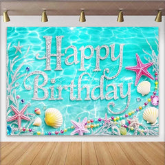 Lofaris Teal Blue Ocean Happy Birthday Backdrop Silver Glitter Starfish Pearls Photography Background Mermaid Theme Party Decoration