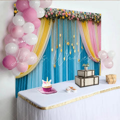 Lofaris Teal Blue Stage Backdrop Pink Yellow Swag and Golden Leaf Strands Wedding Party Banner