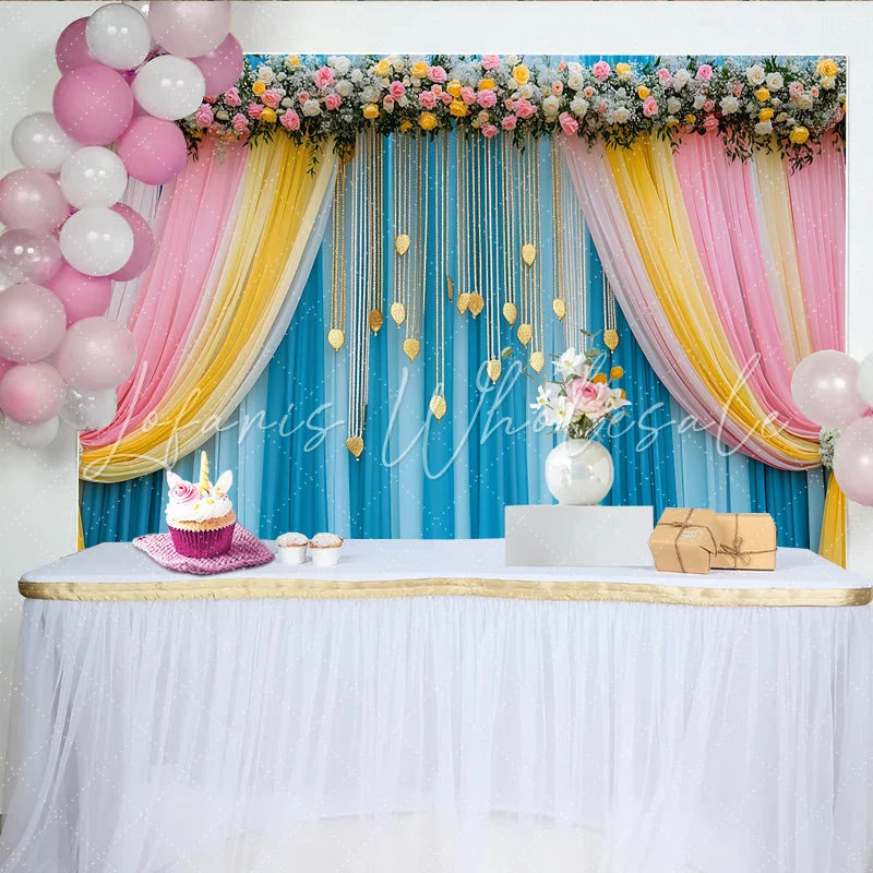Lofaris Teal Blue Stage Backdrop Pink Yellow Swag and Golden Leaf Strands Wedding Party Banner