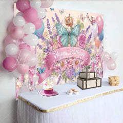 Lofaris Teal Butterfly Pink Bow Birthday Backdrop Crown Balloon Floral Background Girl Princess Party Decoration