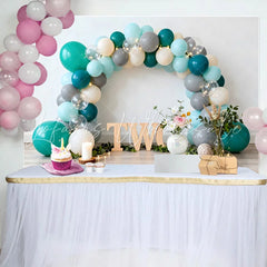 Lofaris Teal Grey Balloon Arch 2nd Birthday Cake Smash Backdrop Wooden Two Letter String Lights Party Background
