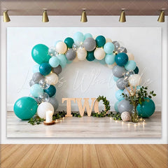 Lofaris Teal Grey Balloon Arch 2nd Birthday Cake Smash Backdrop Wooden Two Letter String Lights Party Background